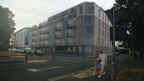 The CGI picture of the flats, a six-storey building with cars parked in front of it, with a man and a woman walking on a pavement opposite with linked arms 