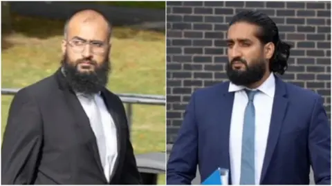 A composite image of the drivers. On the left, Photograph showing Umar Ben Yusaf, who wears a black two piece suit, a pale grey tie and white shirt. He has a bald head and a brown long haired beard. He is leaving Mold Crown Court and his jacket blows in the wind. Grass can be seen behind him, as well as boulders and bins. On the right, Photograph showing Abubakr Ben Yusaf, who wears a navy two piece suit, a blue tie and white shirt. He has brown long hair and a brown long haired beard. He is leaving Mold Crown Court and holds a blue folder under his left arm.