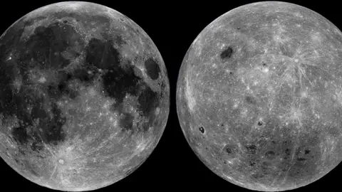 The moon's near side and far side are seen in a black-and-white composite image