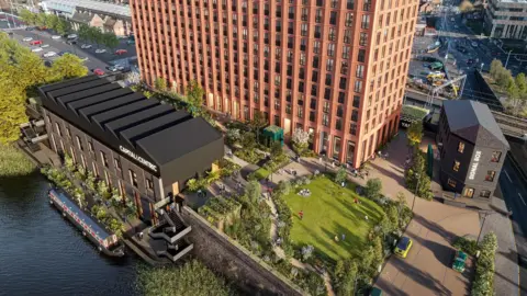 Stoke-on-Trent City Council A high-rise building can be seen with two smaller buildings beneath. There is a lawned area to the bottom of the image as well as a canal boat on a body of water. 