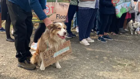 A dog with a sign around its neck that reads: "Please don't take my adventure away!"