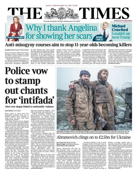The headline on the front page of the Times reads: "Police vow to stamp out chants for 'intifada'".