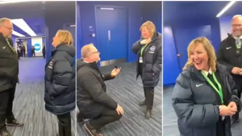 A collage of two people getting engaged. In the middle image a man is down on one knee holding a ring and a woman is stood smiling. Both are wearing puffa coats and are in front of a blue door. 