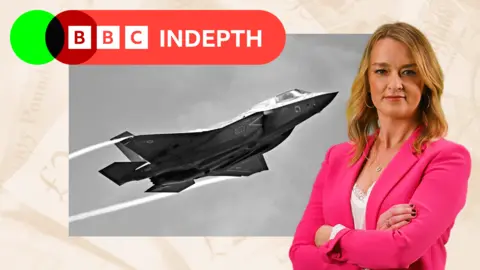 A treated image of a miliary plane, a RAF Lockheed Martin F-35 lightning II during an airshow and an image of Laura Kuenssberg edited on the side