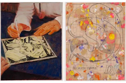 Sam Drake/Harland Miller Two paintings by artists Sam Drake and Harland Miller, one showing hands drawing on a piece of paper and the other paint blotches and grey lines on brown paper