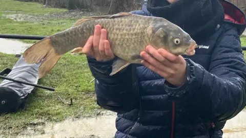 A child holding a fish from the lake with some tackle in the background laying on the grass