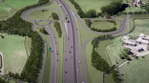 An aerial view showing a graphic of the new road layout. There are trees and fields surrounding the road.