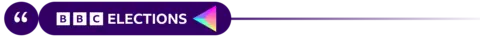 A purple circle with white quote marks inside. To right is a rounded purple rectangle, featuring white text saying "BBC ELECTIONS" and the BBC election logo. A thin line then fades from purple to white across to the right.