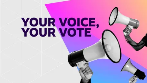 Your Voice, Your Vote logo with grey, blue and pink background and hands holding loudspeakers 