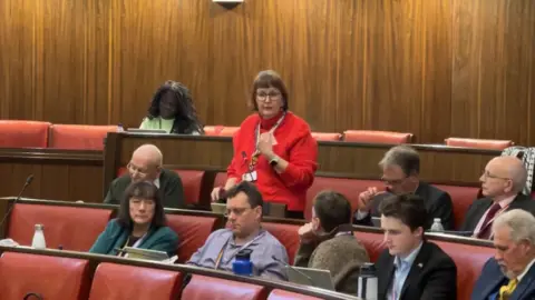 Sarah Boad addresses the full meeting of Warwickshire County Council. She wears a red jumper while standing. Either side of her are councillors seated on red leather chairs with wooden panelling visible.