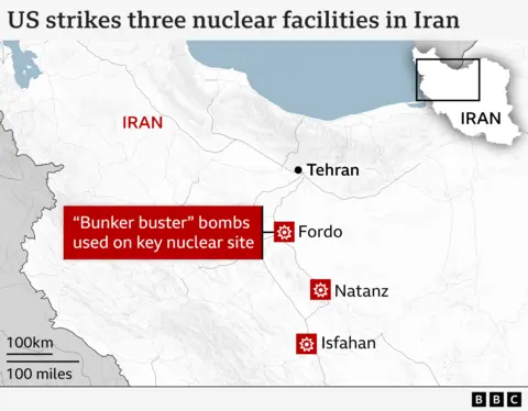 Map of Iran showing three locations hit in US attacks: Fordo; Natanz and Isfahan