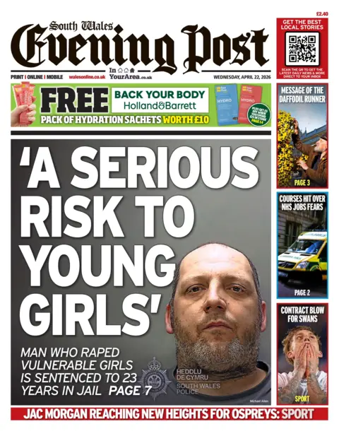 South Wales Evening Post Front page of the South Wales Evening Post. The headline reads 'a serious risk to young girls'.