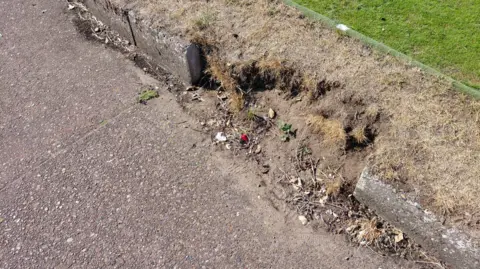 Steve O'Dare The side of a bowling green where a concrete slab is missing from the side of dry grass.