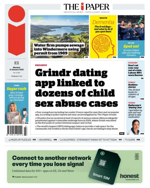 The headline in the iPaper is: Grindr dating app linked to dozens of child sex abuse cases