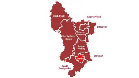 Red graphic map of Derbyshire including all district and borough councils 