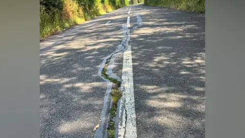Charlie Stubbs / BBC A road has a big crack running through it. Darker concrete borders the crack, which extends into the distance. Traces of grass and moss grow in the middle of the crack. Broken white lines also extend toward the horizon.