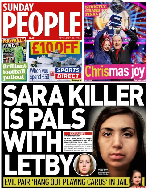 The front page of Sunday people. The headline says "Sara Killer is pals with Letby".