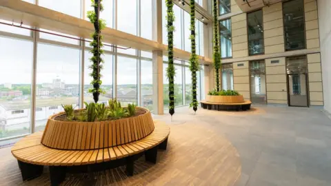 TQEC A view of the atrium which has wooden seating and plants and a view of the city.