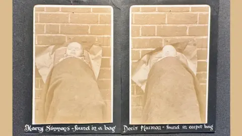 Thames Valley Police Museum Two separate sepia photographs with white borders lie on a black background. They each show the faces of a deceased baby, wrapped in a blanket with a pillow under their heads. There is a brick wall in the background of both photos. Underneath the photos written in white elaborate script on a black background are the words Harry Simmons and Doris Marmon, found in carpet bag.