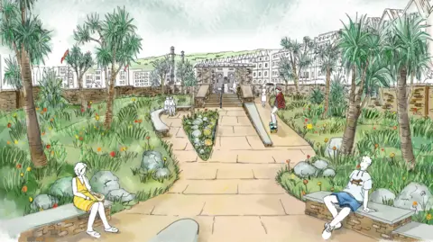 DOUGLAS COUNCIL An illustration of garden number 5, which has seating and a skateboard ramp.