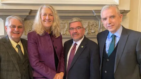 Left to right: Hans Mundry (leader, Warrington Borough Council), Louise Gittins (leader, Cheshire West and Chester Council), Nick Mannion (leader, Cheshire East Council) and Michael Gorman (deputy leader, Cheshire East Council)