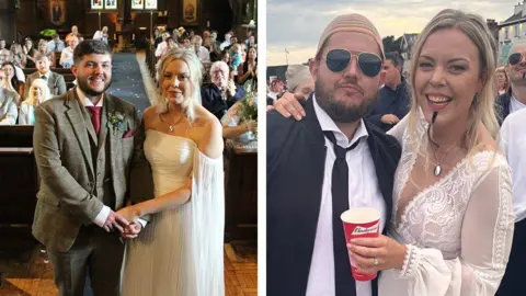 Two portrait images, side by side. The left image shows a couple in a church, in front of pews filled with people. He is wearing a mossy green suit, she is wearing a white wedding dress. On the right, the same couple. He wears a bald cap and has sunglasses on, she's in a wedding dress with a stick-on goatee. She's carrying a red paper drinks cup.