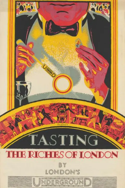 London Transport Museum A stylised image of a man eating in a restaurant. Colours of pink, orange, yellow and black are used.
Text reads: "Tasting the riches of London" 