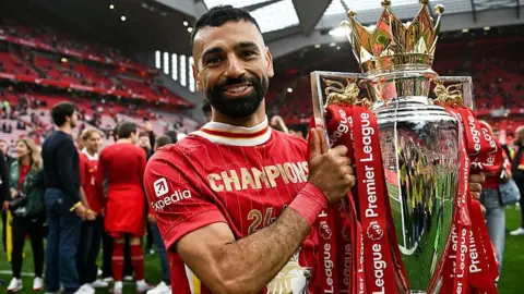 Mohamed Salah poses with the Premier League trophy