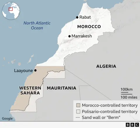 A map of Western Sahara, showing areas under the control of Morocco and areas under the control of Polisario