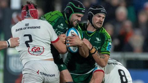 Ulster's Tom Stewart tackles Conor Oliver of Connacht
