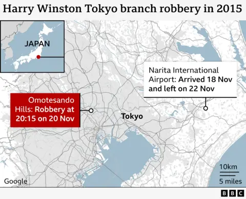 A graphic map showing the location of a jewellery heist in central Tokyo and Narita International Airport to the east of the capital city.
