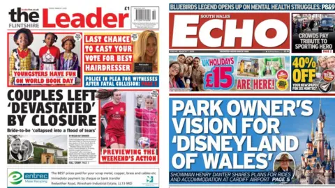 The front page of the South Wales Echo newspaper. The main headline reads: "Park owner's vision for Disneyland of Wales' with a small picture of a man wearing a hat, indented on top of a large picture of the princess castle at disneyland. At the top of the page, next to the Daily Echo text within a red box, is an advert for holidays which has a picture of a family smiling on a beach and the text: "UK holidays £15 are here". At the bottom is an advert for a dental company called Fusion, which has a photo of teeth, writing which reads "Discover same day teeth with dental implants". On the top right are two more boxes. One has a picture of a black funeral car and says: "Crowds pay tribute to sporting hero". The other has a picture of a smiling couple with yellow writing over the top which says 40% off. The front page of the Flintshire Leader newspaper with the main headline: Couples left 'devastated by closure'. Below is a picture of a white and green building, as well as a black and white picture of a smiling man and woman. Next to that is a picture of two female football players wearing red and pink in front of a ball and goal. The writing reads "Previewing the weekend's action". Above is a picture of a blonde woman with the writing: "last chance to cast your vote for best hairdresser". In the top left corner is a picture of three children wearing fancy dress with the writing: "Youngsters have fun on world book day". Along the very bottom of the page is a blue and white advert for Entrec Metal Recycling.