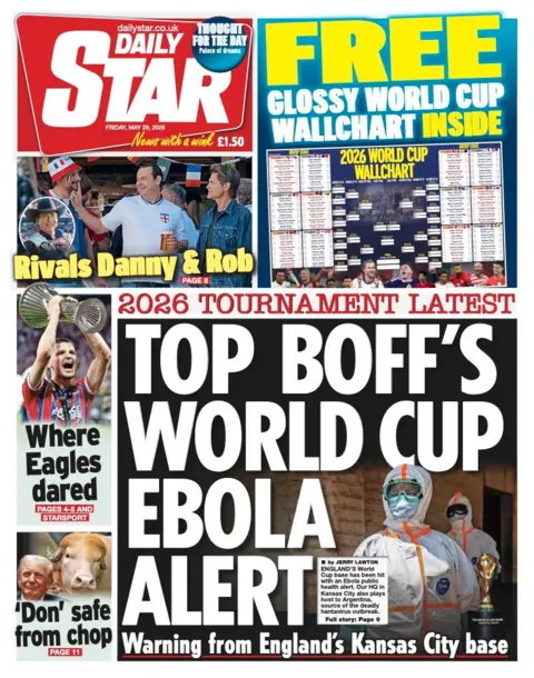 "Top boff's World Cup Ebola alert" reads the headline on the front page of the Daily Star.