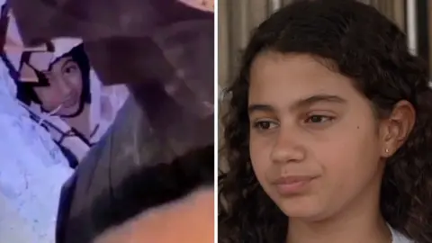 the Venezuelan girl peers out from under the rubble. Right, Fabiana after.