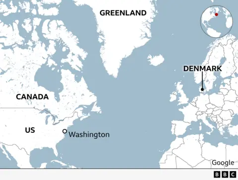 A map showing the locations of the US, Denmark and Greenland.