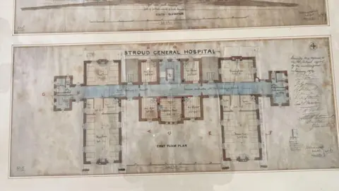 Gloucestershire NHS Trust An old floor plan of the first floor of the hospital site.