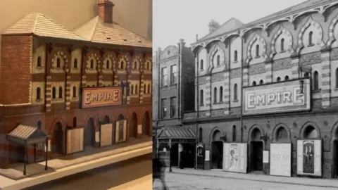 Northern Ireland Historical Photographical Society A composite image of the model version of the theatre (left) and an old photograph of the theatre as it stood in Victoria Square