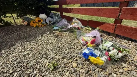 Various bunches of colourful flowers lie on stones on the floor. A red wooden fence sits behind them on a sunny day.