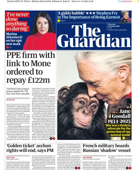  "PPE firm with link to Mone ordered to repay £122m". In a separate headline, a close-up photo of primatologist Jane Goodall with a chimpanzee pays tribute to the late animal rights campaigner.