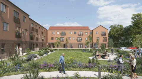 An artist's impression of a affordable housing development. It features a spacious garden with a variety of blue, yellow and pink flowers. There are people walking around the garden.