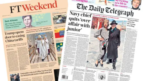 The Financial Times weekend front page (10 and 11 May) and the Daily Telegraph front page for 10 May