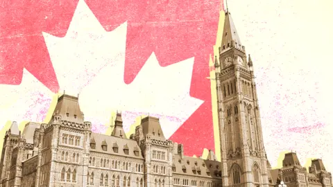 A stylised BBC image shows Canada's parliament building atop a Canadian flag