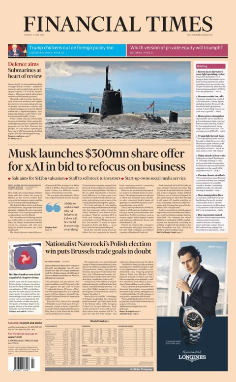 "Musk launches $300m share offer for xAi in bid to refocus on business" reads the headline on the front page of the Financial Times.
