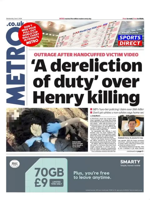 The headline on the front page of the Metro reads: “'A dereliction of duty' over Henry killing”.