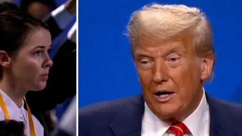 Composite image showing Myroslava Petsa and Donald Trump