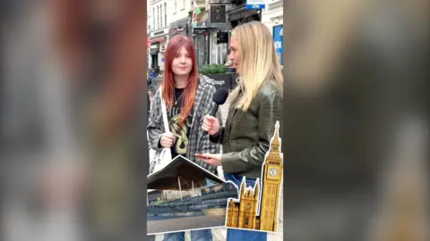 BBC journalist Lucy Woodham in a high street asking a question with images of the Senedd and Westminster