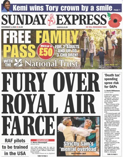 The front page of the Sunday Express. The headline reads: 'Fury over Royal Air Farce'.