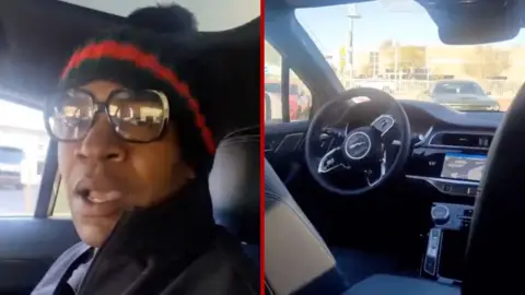 Split screen of a man and a driverless car 