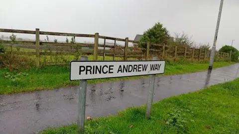 A white street sign in Carrickfergus, County Antrim, with the words Prince Andrew Way on it, there is green grass in front of the sign, a grey path behind it as well as more grass and a brown wooden fence.