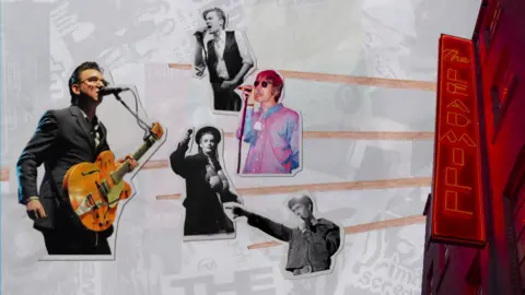 Graphic image of The Leadmill showing some of the bands and acts who have been on stage including Jarvis Cocker of Pulp and Liam Gallagher of Oasis